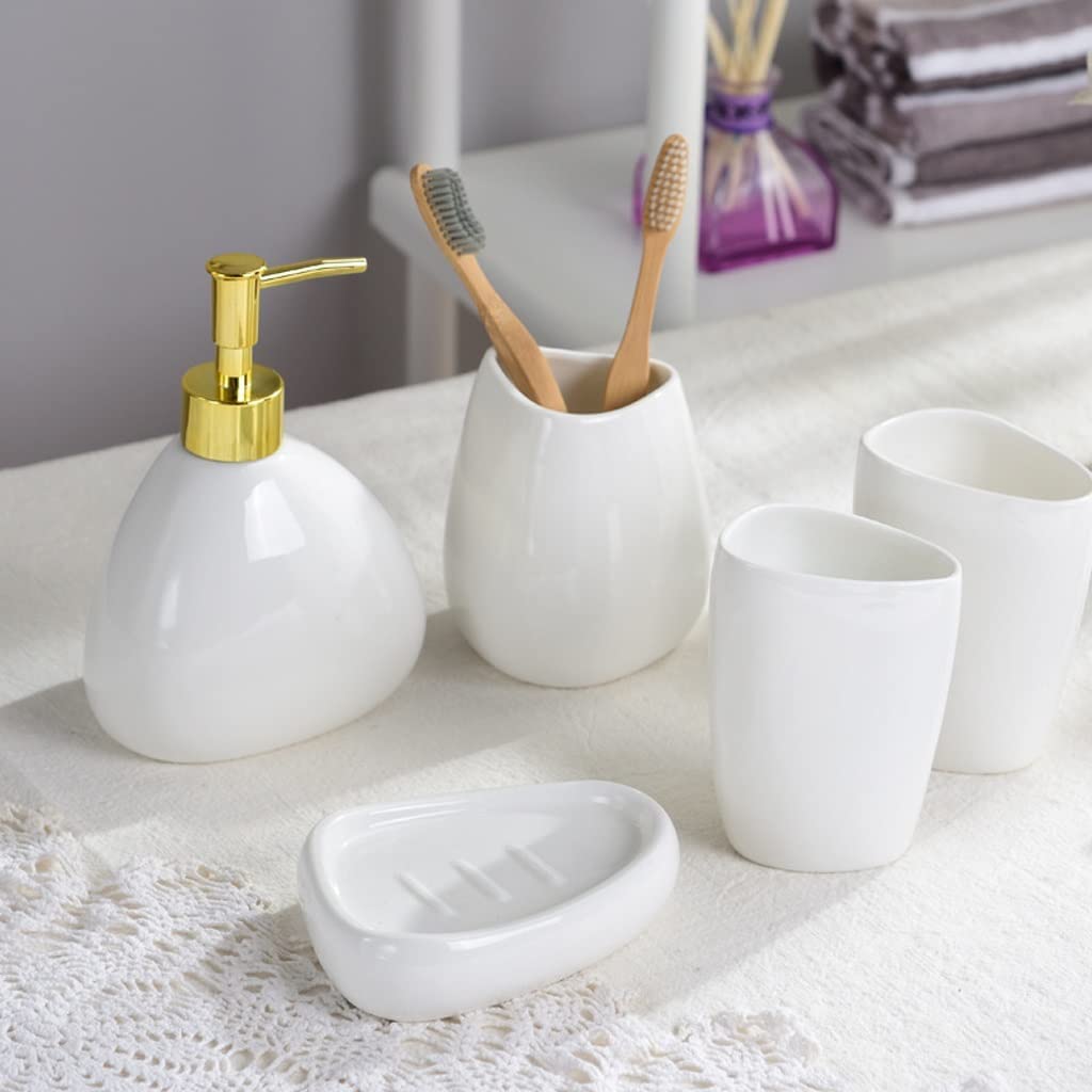 Juego De BañO Accesorios Completo Juego De Dispensador De Jabón De Cerámica De 5 Piezas Con Jabonera, Soporte Para Cepillo De Dientes, Bomba De Jabón Manual Para Baño Y Cocina Juego De Dispensador De
