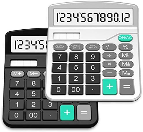 Calculators, Splaks 2 Pack Standard Functional Desktop Calculators Sola and AA Battery Dual Power Electronic Office Calculator with 12-Digit Large Display (1 Basic Black&1 Updated Silver)