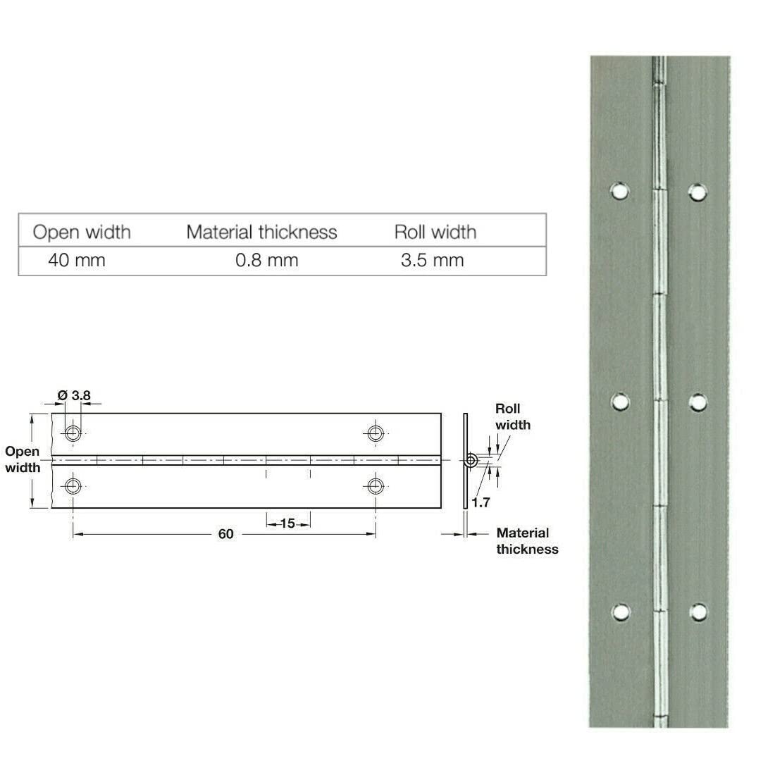 Solmer Ltd Hafele Continuous Hinge Rolled Straight Piano Open Width 40Mm Length 710Mm