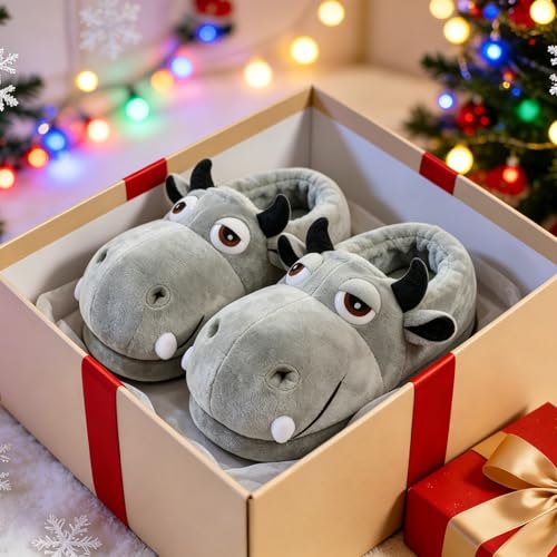 Image of Fluffy Hippo & Elephant Slippers - Oversized Warm House Slippers for Adults | Non-Slip Soft-Sole Indoor Slippers