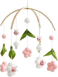 Baby Crib Mobile Wooden Wind Chime Bed Bell, Nursery Mobile Crib Rattle Bedroom Ceiling Wind Chime Hanging Bees Plush Flower Wooden Rotating Toy Newborn Bed Decor (Pink)