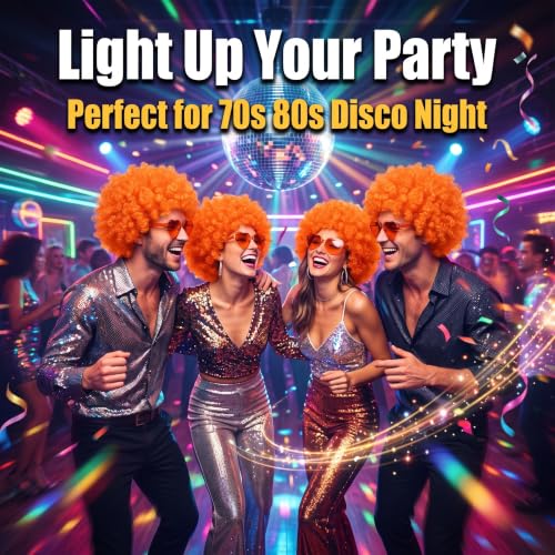 Image of FREE BEAUTY 8Pcs Orange Afro Wig with Heart Sunglasses for Women Men, Colored Short Fluffy Curly Funny Party Afro Wigs 70s 80s Disco Hair for Disco Birthday Bachelor Halloween Party Cosplay Costume