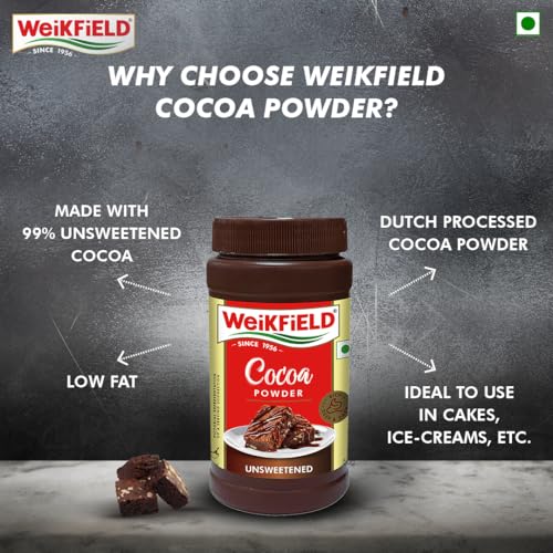 Image of Weikfield Cocoa Powder 50g Jar | Low Fat Rich & Decadent Pure Cocoa Powder | Unsweetened Dark Cocoa for Baking, Desserts, Smoothies, Brownies, Hot Chocolate & Cakes (Pack of 3)