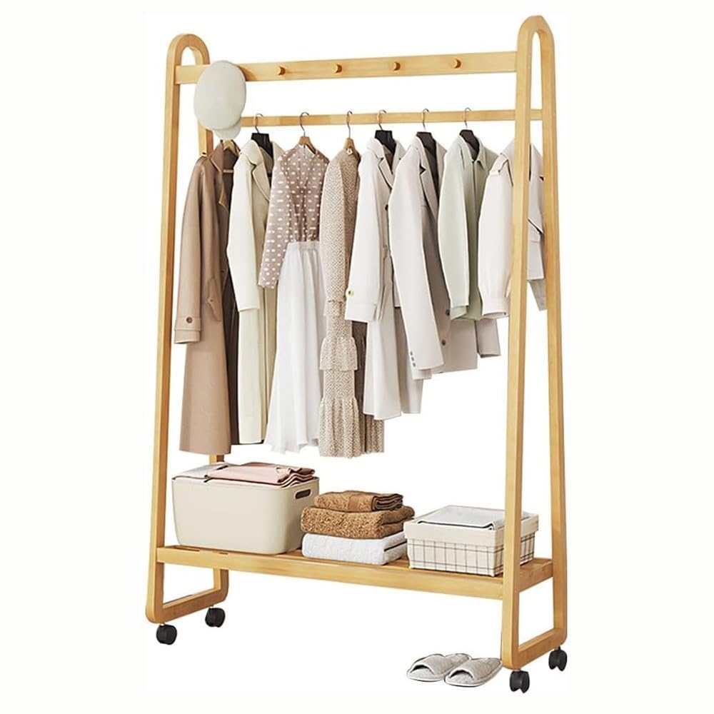 OLSKFUH Pull-Out Trouser Rack Removable Pull-Out Rack Wardrobe Storage Expandable Space Saving Drawer-Style Hanger Rod Rolling Trolley,Bamboo Freestanding Clothes Rack With 5 She,A-100x39x165cm