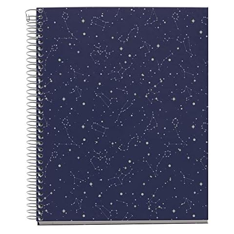 Miquelrius - A5 notebook, hardcover, 4 coloured strips, 120 horizontal ruled sheets, 70 g micro-perforated paper with 2 holes for 2 rings, blue, Cosmos design Cover