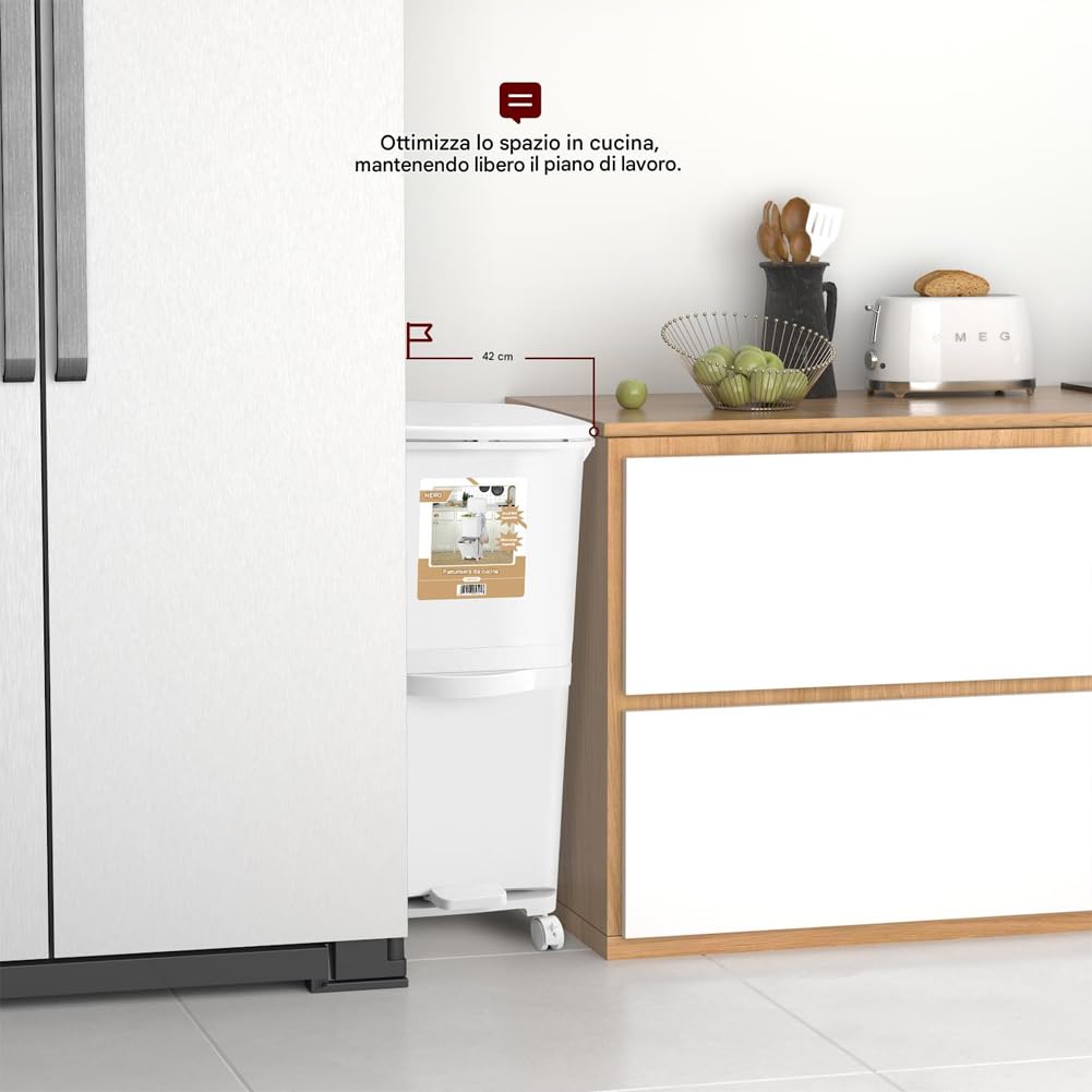BAKAJI Cubo de basura de cocina con capacidad de 38 litros, doble cubo que ahorra espacio para separación de basura, basura para recogida diferenciada, 1 cajón abatible, 42 x 28,5 x 73 cm (38 litros)