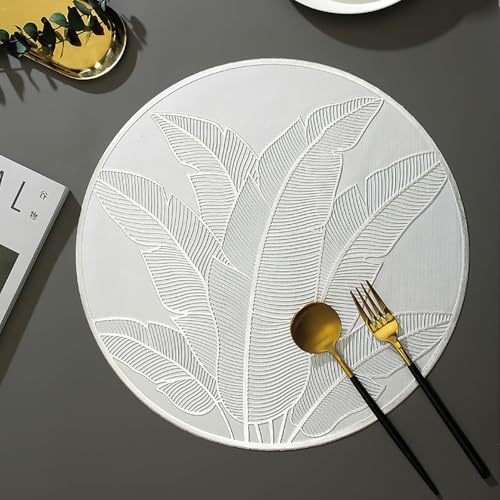 pigchcy Silver Round Placemats Set of 6 for Dinner Table, Metallic Circle Vinyl Place Mats Decor Wedding Accent Centerpiece Plantain Leaves Design