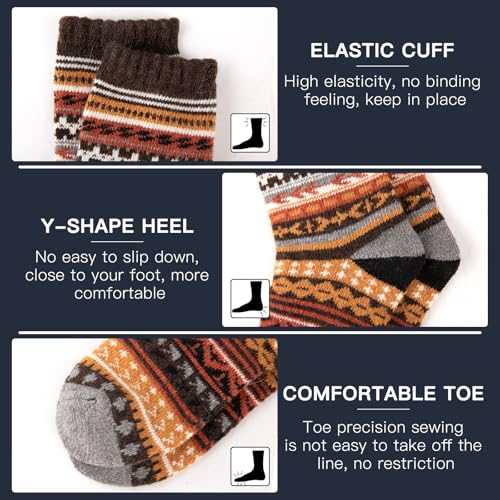 COOPLUS Wool Socks Mens Warm Winter Thermal Thick Pattern Crew Socks for Cold Weather (5 Pairs)4