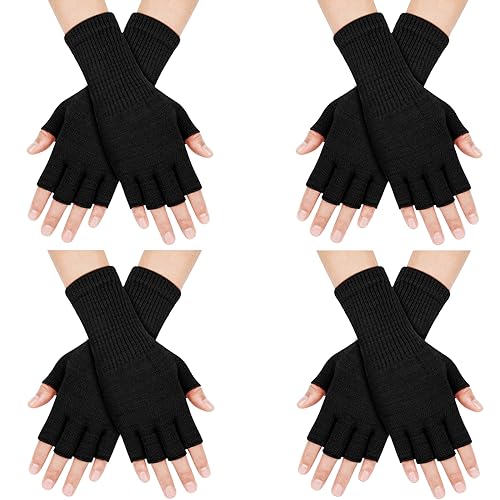 ONESING 4 Pairs Black Fingerless Gloves for Women Half Finger Knit Gloves Warm Stretchy Gloves typing gloves for Women