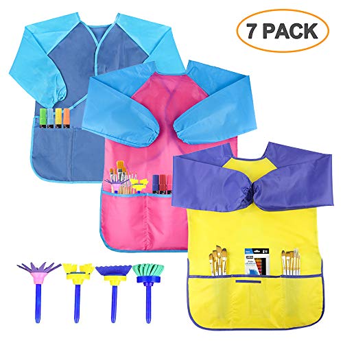 SIMPZIA 3 Pack Kids Art Smock, Children Waterproof Artist Painting Aprons with 4