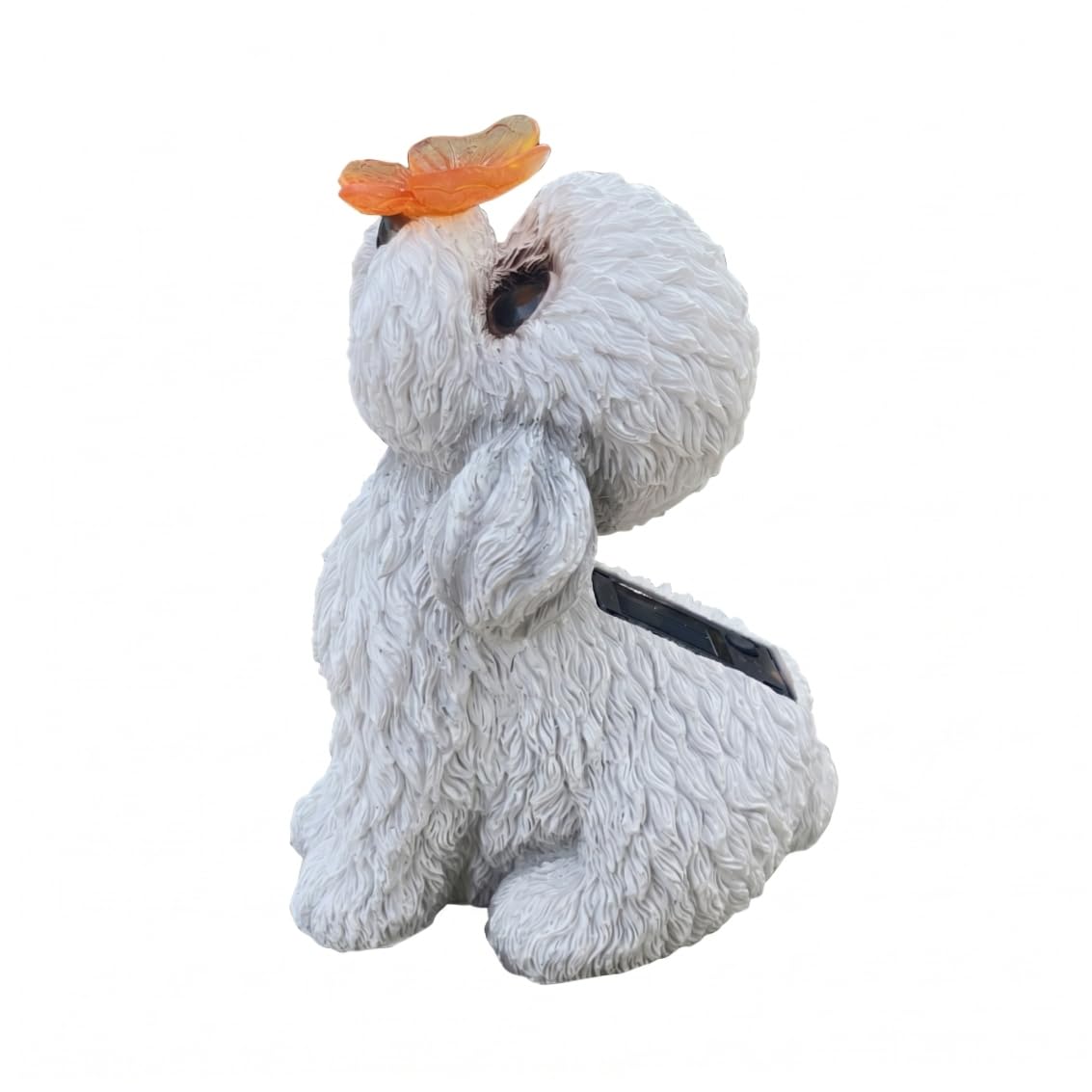 Estatuas de Perros al Aire Libre, Estatua de jardín Solar, estatuilla de Perro de Peluche Blanco con luz LED de Mariposa - Decoración de Patio y Patio al Aire Libre