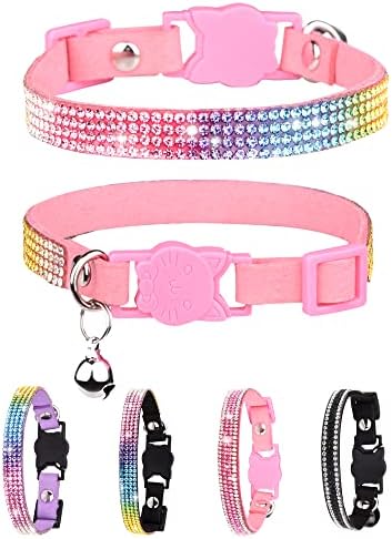 Petank Breakaway Cat Collars for Girl Cats, Bling Kitten Collar with Bell, Cute Cat Collar with Bells, Pink Cat Collar, Rhinestone Cat Collar. (Pink)