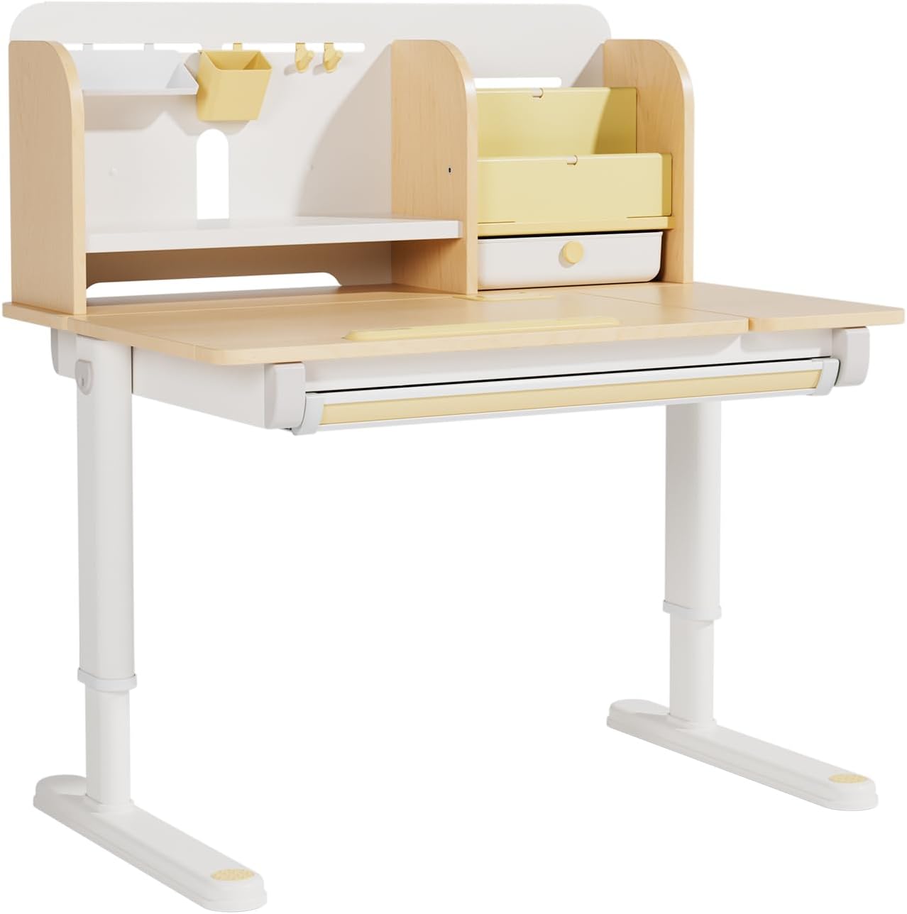 40in Kids Adjustable Desk, Solid Wood Study Table with Bookshelf & Storage, Ergonomic Wrist Rest, 0-50° Tilting Desktop, Height Adjustable 20.5-29.9 in for Kids Writing & Learning