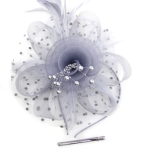 Sombrero de tocado para mujer, diadema de fiesta de té, Kentucky Derby para boda, cóctel, clip de pelo de malla con flores, gris Cover