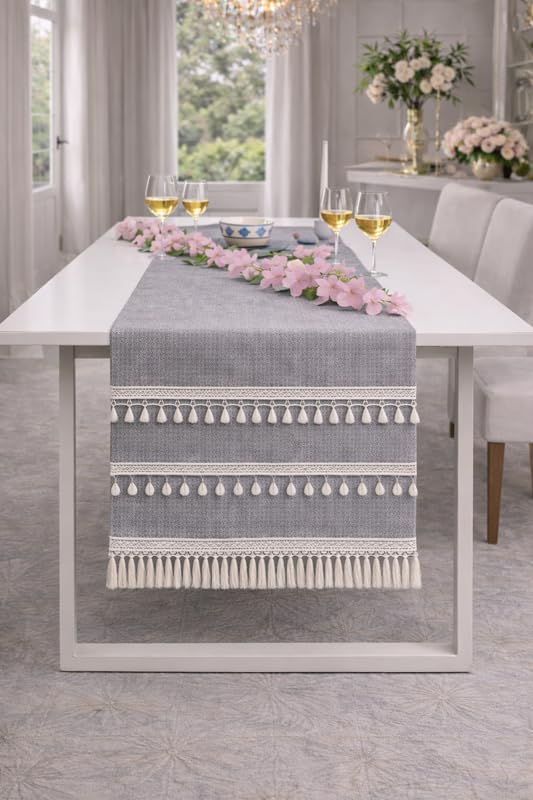 WWW.THROWPILLOW.IN Light Grey Table Runner with Tassels & Kowri 14x72 Inches | Fits 5 Feet TV Unit Cabinet, Center Table, Coffee Table, Dining Table, Entry Console| Diwali Festive Decor 4