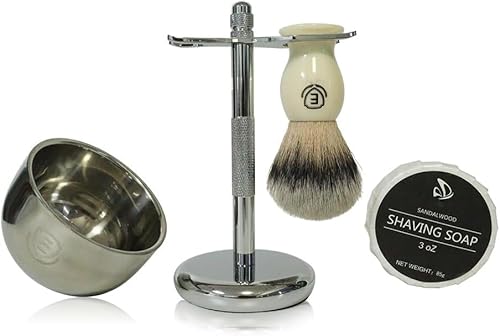 Premium Shaving Brush Kit-4 in 1 Shaving Brush Set for Men Includes Shaving Brush,Shaving Cream Soap,Stainless Steel Bowl and Safety Shaving Stand for Mens Shaving Gift Set (Ivory White)
