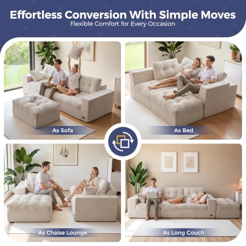 Image of MAXYOYO 96 inch L Shaped Modular Sectional Sofa with Ottoman, Cloud Boneless Couch with Layered Cushion, Upholstered Sofa in a Box, Flexible Module Combination for Living Room, No Assembly, Beige