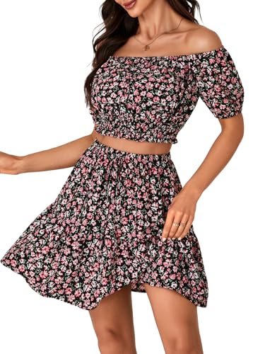 Vrtige Women's 2 Piece Outfits Floral Off Shoulder Short Sleeve Crop Top and Ruffle Mini Skirt Set4