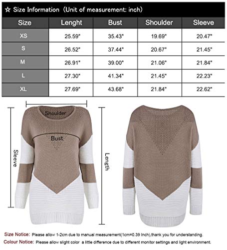 shermie Women Long Sleeve Crew Neck Pullovers Stitching Color Loose Knitted Sweaters Camel M