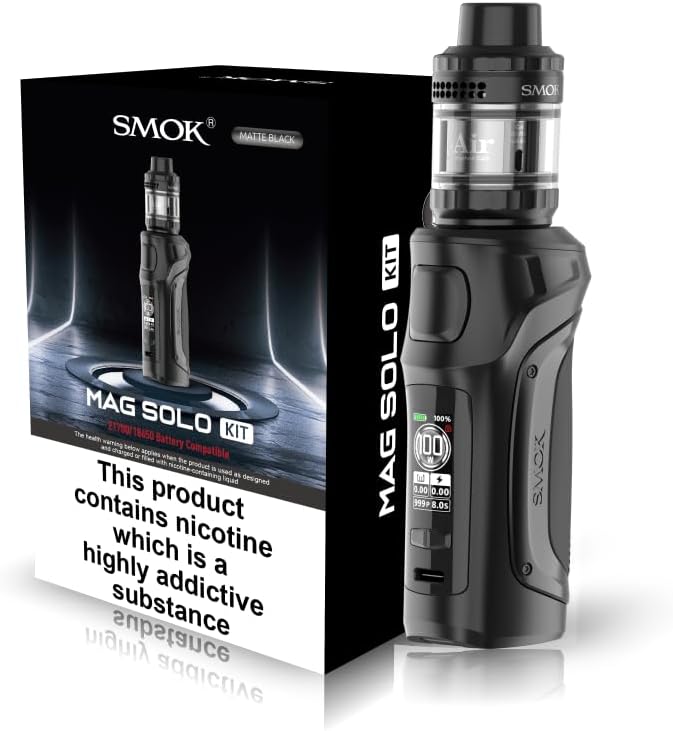 SMOK Mag Solo Vaping Kit, 100W Max, Run Nic Salts, Single Battery Compatibility I8650/2I700 (Not Included), E Cigarettes, E Cig, SMOK Vaping, Refillable and Rechargeable, No Nicotine (Matte Black)