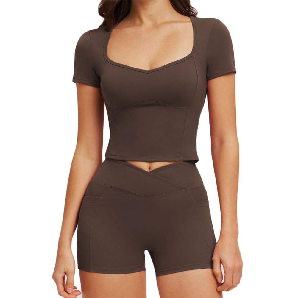 XYFfybhsd Women's 2 Piece Yoga Set, Square Neck Short Sleeve Crop Top with High Waist Shorts, Activewear for Gym Workout(Size:M,Color:Brown)