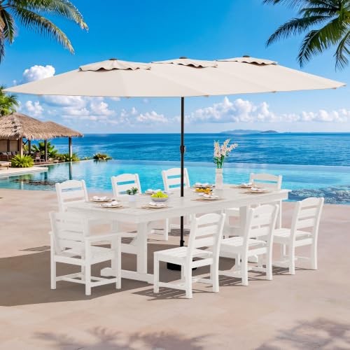 Image of SERWALL 10 Piece 84 inch HDPE Outdoor Dining Set for 8 with 6 Armless Chair, 2 Armchairs and Umbrella, White
