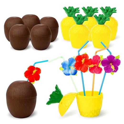 FUTUREPLUSX Tropical Pineapple Coconut Cups, 12PCS Tropical Hawaiian Flavor Cups with Lids and Straws for Party Carnival Celebrations Birthday Hawaiian parties