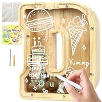 Lakpopya Spaarpot kinderen letters van hout voor A-Z gepersonaliseerd spaarvarken doorzichtig alfabet spaarpot, geschenkdecoratie, doop voor jongens meisjes (E