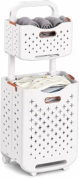 Collapsible Laundry Basket Organizer, 2-Tier Foldable Laundry Sorter with Wheels & Wall Mount, Space-Saving Slim Laundry Hamper with Removable Bins, 80L Capacity for Bathroom, Dorm & Small Spaces