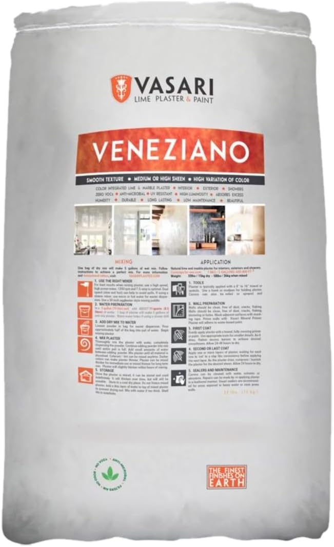 VASARI Lime Plaster & Paint | Veneziano Plaster (Smooth Finish) | Made from Natural Lime and Powdered Marble | color: Natural white #1 | Dry Mix (Makes 5 Gallons Plaster)