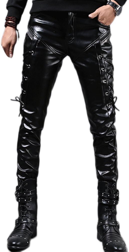 Men`s Rock Steampunk Lace Up PU Leather Pants Slim Fit