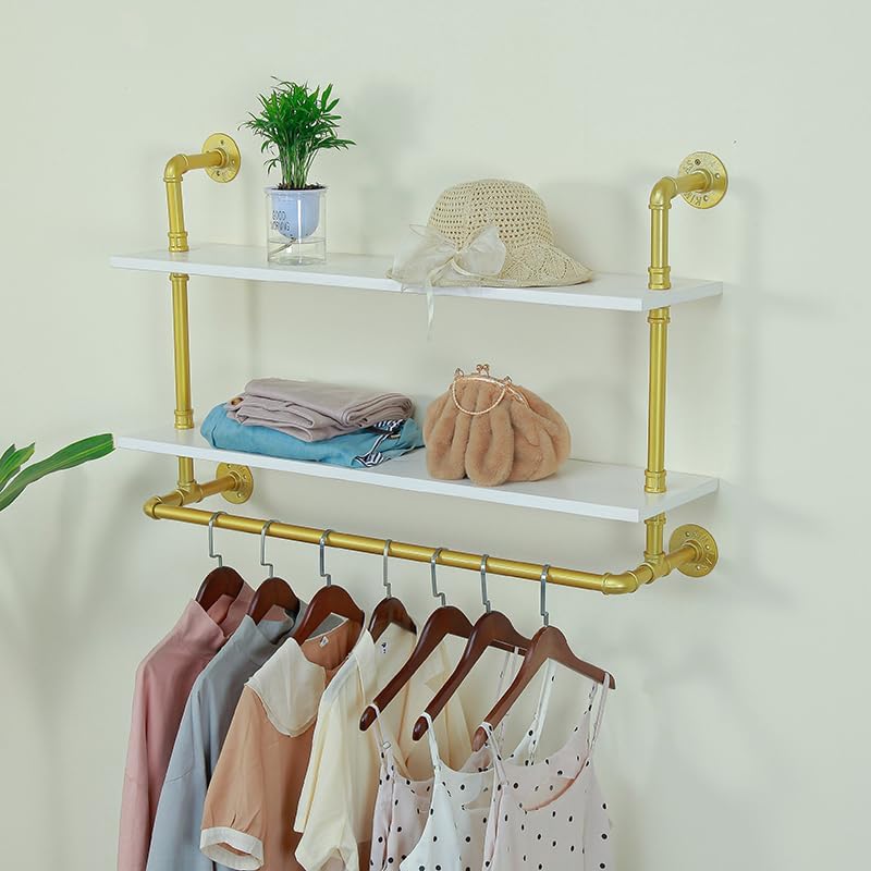 YINSOON Perchero de 2 niveles, 40 x 12 pulgadas, dorado y blanco, perchero de pared con estantes, barra industrial para colgar ropa, ahorro de