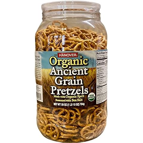 Hanover Organic Ancient Grain Spelt Sea Salt Pretzels Low Fat Cholesterol Trans Fat Free Party Snacks Resealable Container 28 oz Barrel Cover