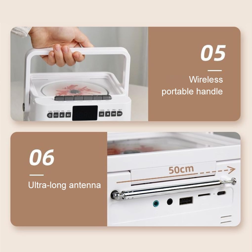 Lettore CD con altoparlante Bluetooth bidirezionale, suono HIFI, schede TF, modalità unità USB, batteria a lunga durata, ABS, bianco, Ha la funzione nastro