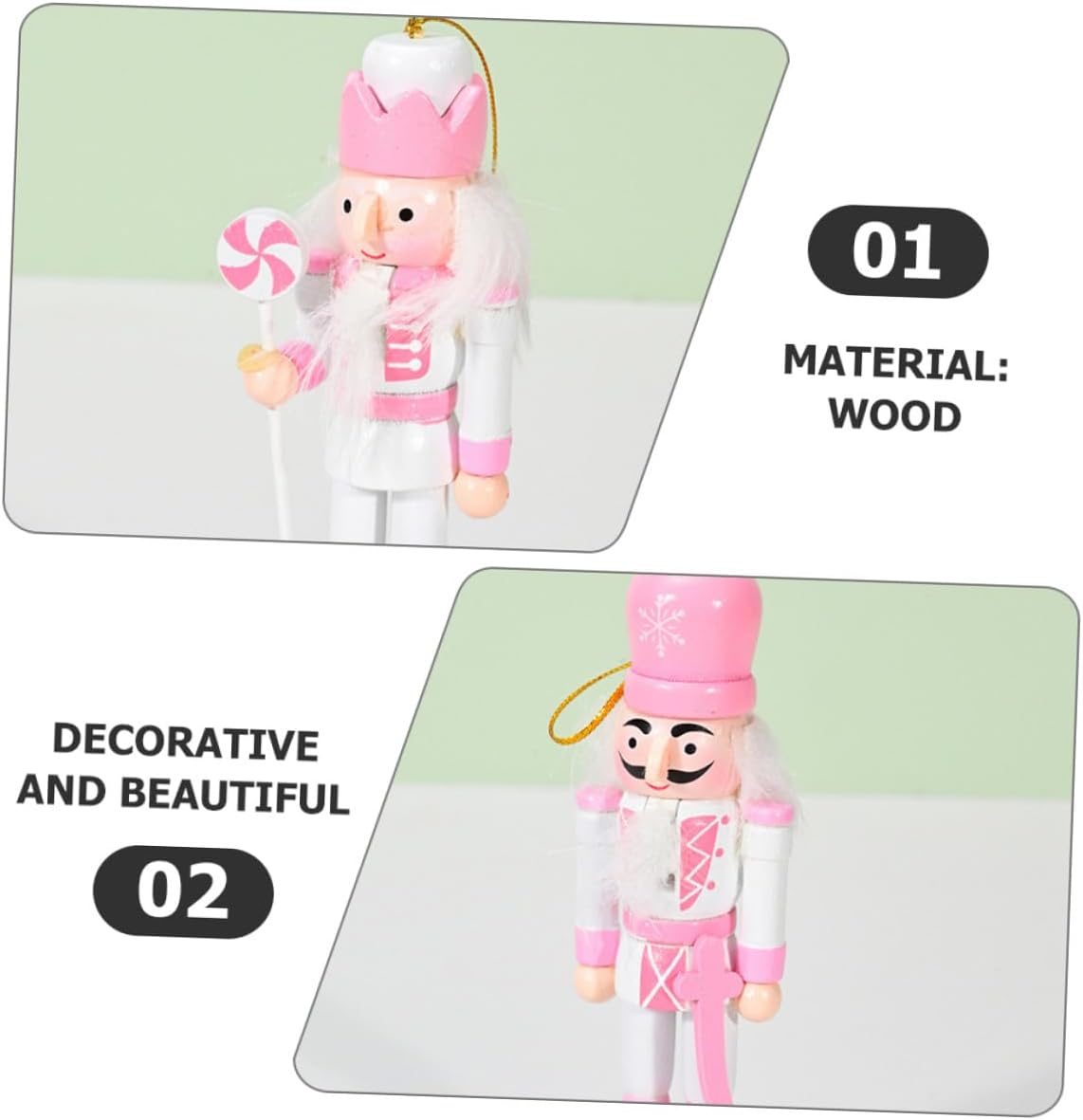 Beavorty 5pcs Small Pink Wood Nutcracker Figurine Set Hanging Christmas Nutcracker Ornaments for Holiday Home Décor