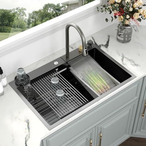 Image of Kichae 36 Black Kitchen Sink Drop In Waterfall Stainless Steel 16 Gauge