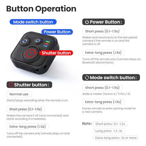 Image of Bluetooth Remote Control for DJI Osmo Action 6 /5 Pro /4 /Osmo 360, 50M Range 96H IPX4 Wireless Remote Controller with Wrist Strap Smart Action Camera Accessories (for DJI)