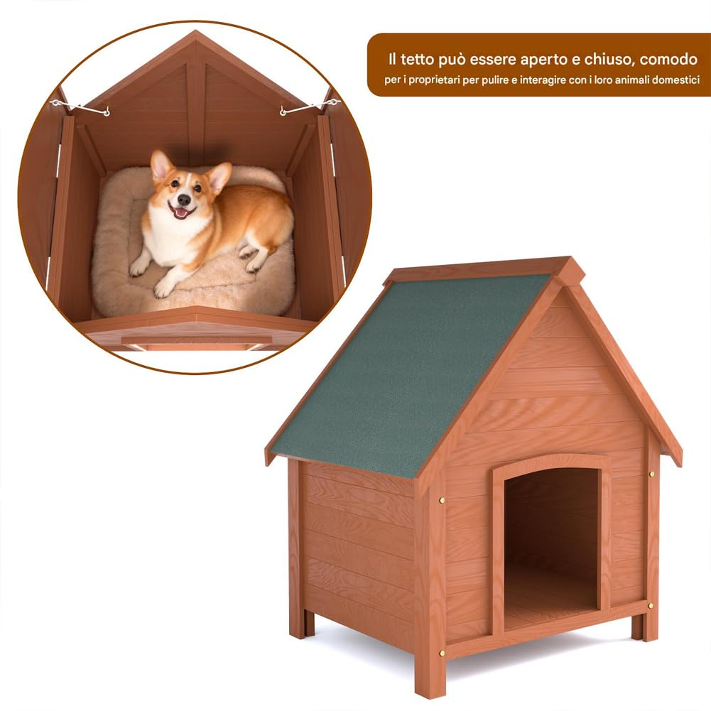 BAKAJI Cuccia per Animali Domestici in Legno di Cipresso, Casetta per Cani e Gatti con Tetto Spiovente Apribile, Casa da Esterno ed Interno Resistente Alle Intemperie con Tettoia Asfaltata, 85 x 65cm