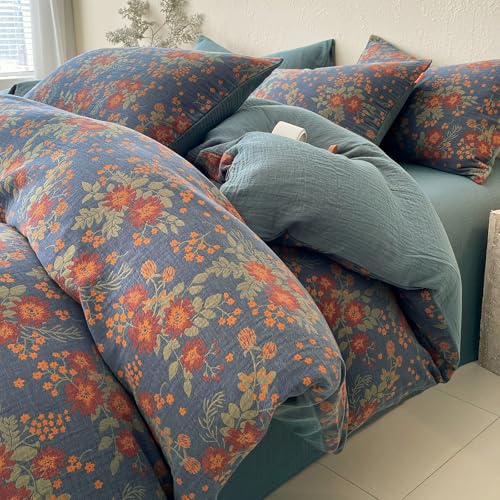 Image of VM VOUGEMARKET Rustic Double Layer Gauze Jacquard Duvet Cover Queen, Dusty Slate Blue with Retro Orange Floral Print, Soft Breathable Boho Comforter Cover with Zipper&Ties