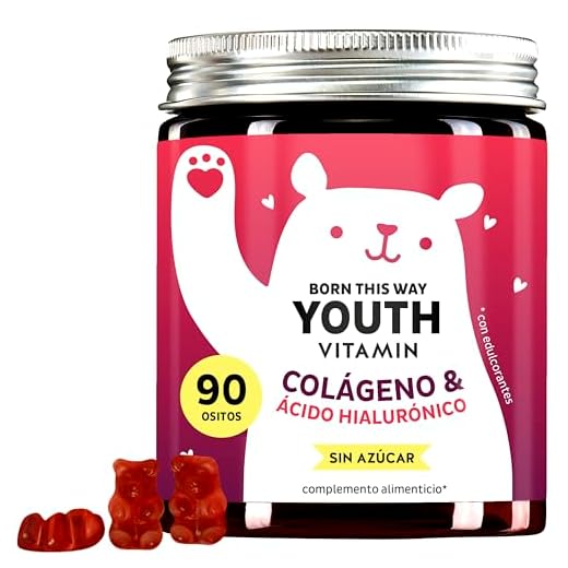 Gomitas de Colágeno Born This Way Youth Vitamins – Apoyo Antioxidante para la Belleza – 2500mg de Colágeno, Ácido Hialurónico, Vitamina C y E, CoQ10, 90 Piezas, Vegano, Sin Azúcar, Bears with Benefits
