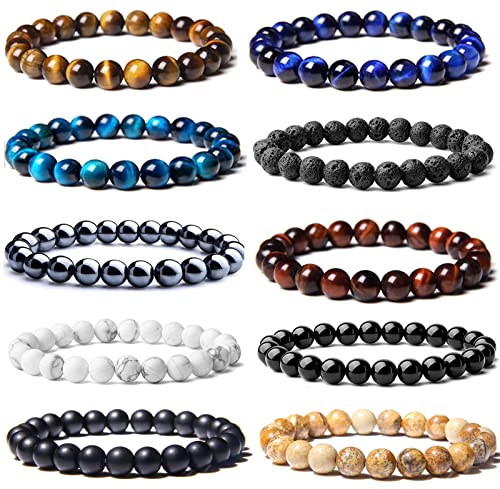 SONNYX 10PCS Tiger Eye Bracelet For Men 8MM Natural Stone Beads Bracelet Set Stretch Lava Rock Bracelets Adjustable Black Crystal Beaded Bracelet for Men Women