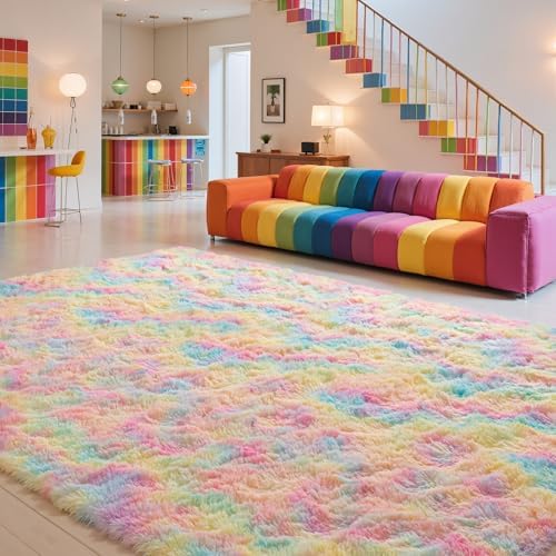 Zentavio Unicorn Rugs for Girls Room 9x12 Area Rugs for Living Room Carpet for Bedroom Washable Soft Fluffy Shag Aesthetic Plush High Pile Rug for Nursery Kids Room Dorm Room Rainbow