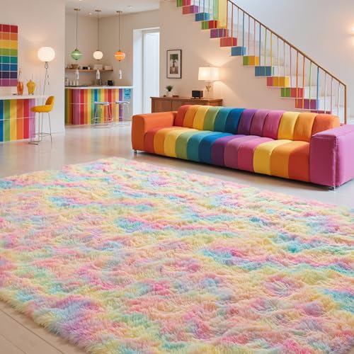 Zentavio Unicorn Rugs for Girls Room 9x12 Area Rugs for Living Room Carpet for Bedroom Washable Soft Fluffy Shag Aesthetic Plush High Pile Rug for Nursery Kids Room Dorm Room Rainbow