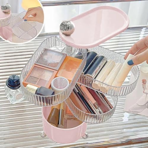 Eawfgtuw Support à bijoux rotatif avec couvercle, boîte de rangement cosmétique à 360 degrés pour coiffeuse, organisateur de maquillage multicouche pour bureau à domicile, blanc et rose – vue 6