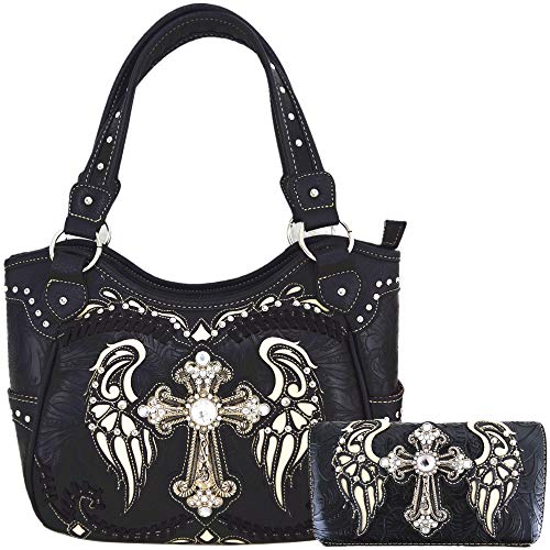 Western Style Rhinestone Cross Studded Laser Cut Wings Tooled Leather Purse Women Handbags Country Shoulder Bag Wallet Set