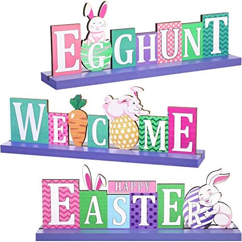 Sumind 3 Pieces Easter Wooden Table Centerpieces Decorations Egg Hunt Decorations Happy Easter Centerpiece Welcome Table Centerpiece Signs for Easter Home Holiday Table Decor