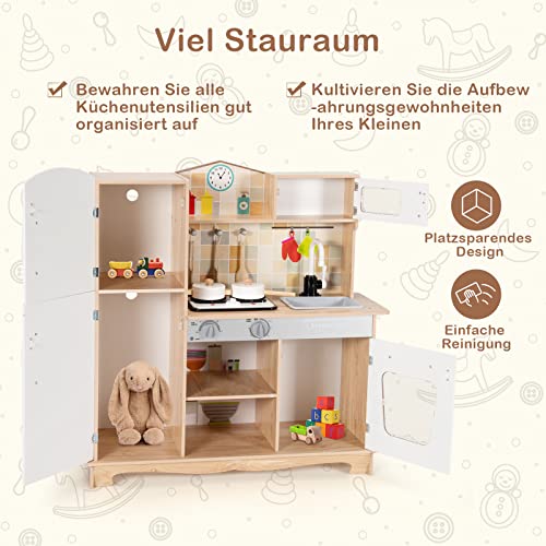 GOPLUS Kinderküche aus Holz, Küche für Kinder, Spielküche mit Holz Zubehör&Spüle&Backofen&Kochfeld&Kühlschrank… – Bild 5