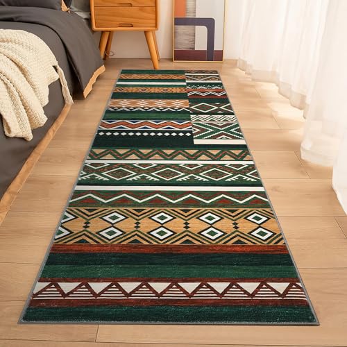 GarveeHome Vintage Patchwork Runner Rug 2x6 Washable Green Runners for Hallway, Non Slip Geometric Carpet, Stain Resistant Tribal Soft Mat, Low Pile Foldable Floor Cover for Entryway Bathroom Bedroom