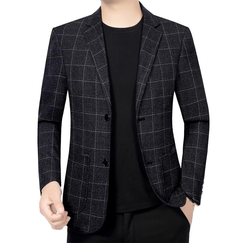 Mens Black Plaid Casual Two Button Lined Cotton Twill Suit Jacket for Daily Party Business