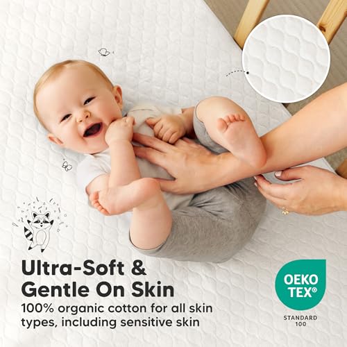 Image of 2-Pack Waterproof Crib Mattress Protector Cover Fitted - Quiet Baby Crib Mattress Pad Sheets, 52 inch x 28 inch Soft Quilted Cotton Baby Sheet, Machine Washable, Easy Fit, Durable (Soft White /Mavy)